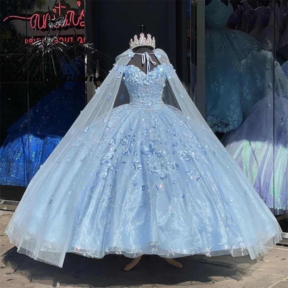 

Light Sky Blue Quinceanera Sweet 16 15 Dresses Lace Applique 3D Flower Off Shoulder Lace-up Prom Ball Gowns With Cape Graduation