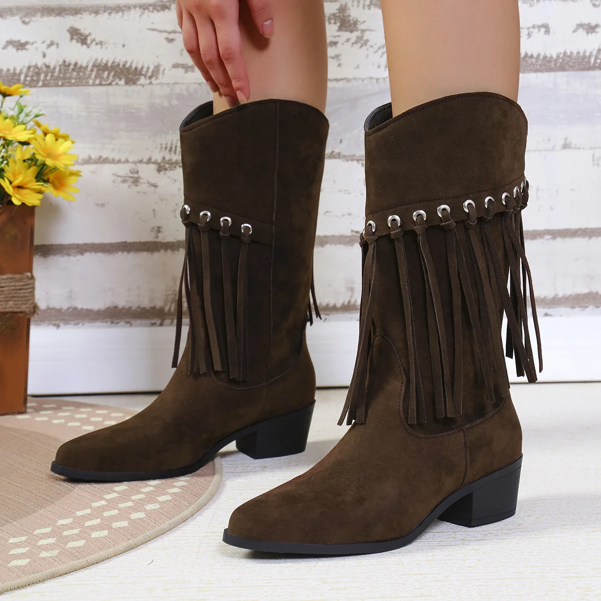 Mid-calf Tassel Boots For Women Chunky Heel Vintage Western Cowboy Shoes Frosted Leather Fashion Party Dress Suede Pointed Toe