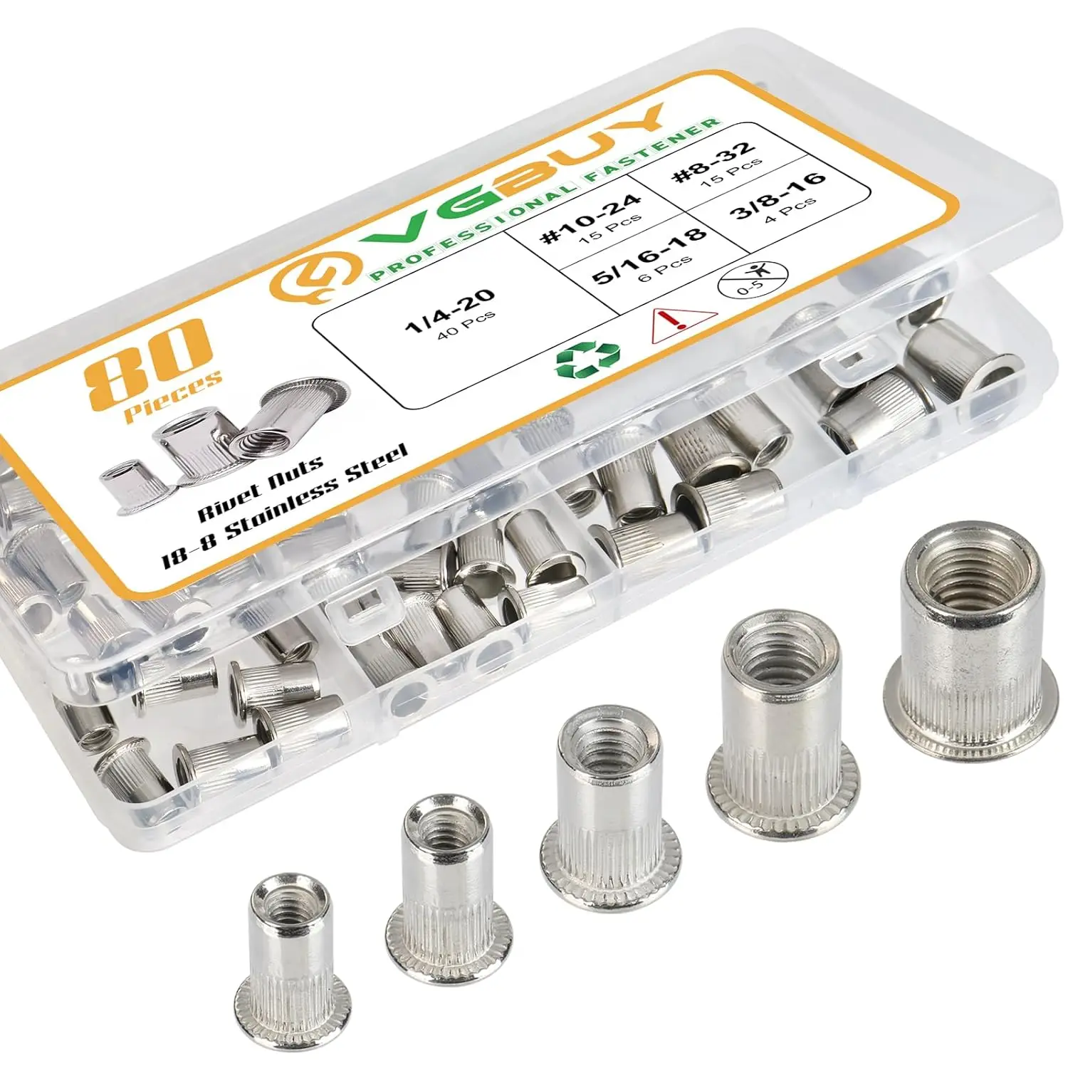 93-teiliges Aluminium-Einsatznietmuttern-Set, Rivnut Nutsert Sortiment M3 M4 M5 M6 M8 M10, Flachkopf, Hochwertige Qualität