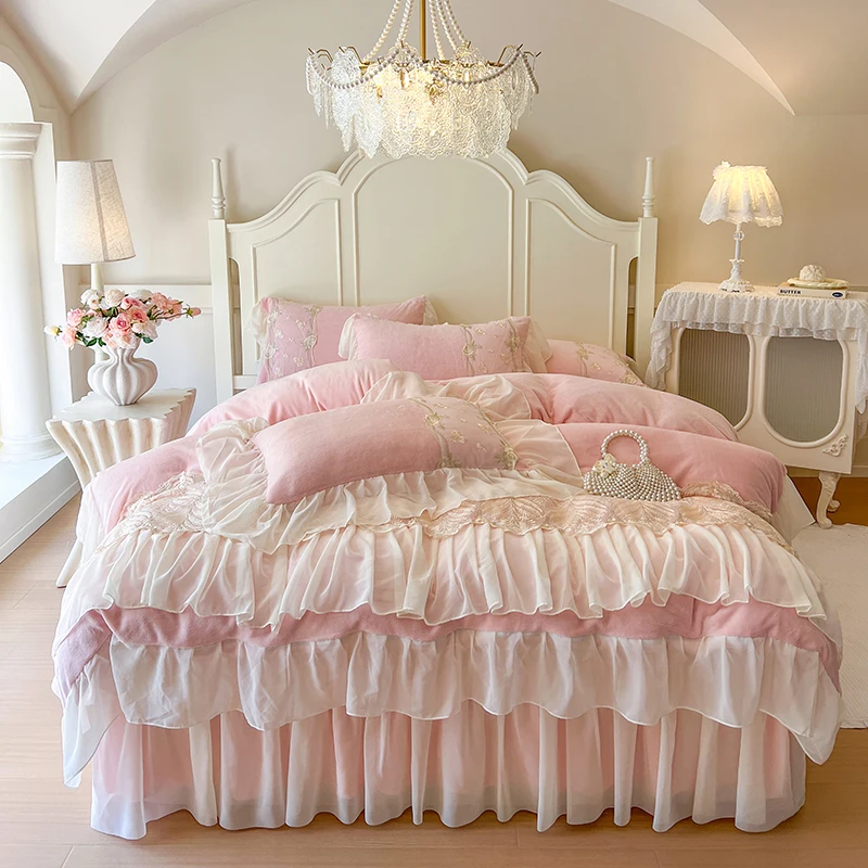 Lace Ruffles Embroidery Milk Velvet Winter Warm Thickened Princess Bedding Set Duvet Cover Bed Skirt Bedspread Pillowcases 4Pcs