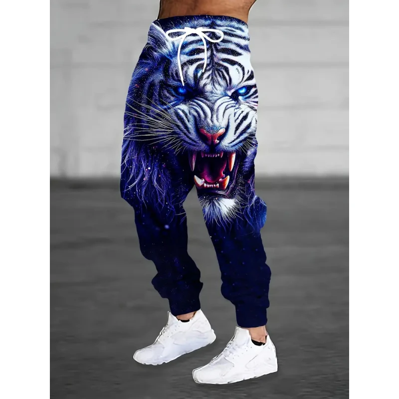 

Men's casual sports pants with drawstring waist and fierce white tiger 3D printing, winter warm and fashionable street pants