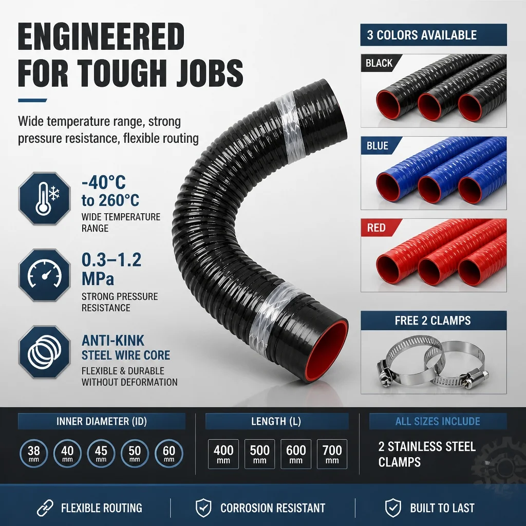 Silicone Flexible Steel Wire Corrugated Hose ID38-60mm Long 400-700mm Air Intake Pipe Radiator Tube High Pressure Temperature