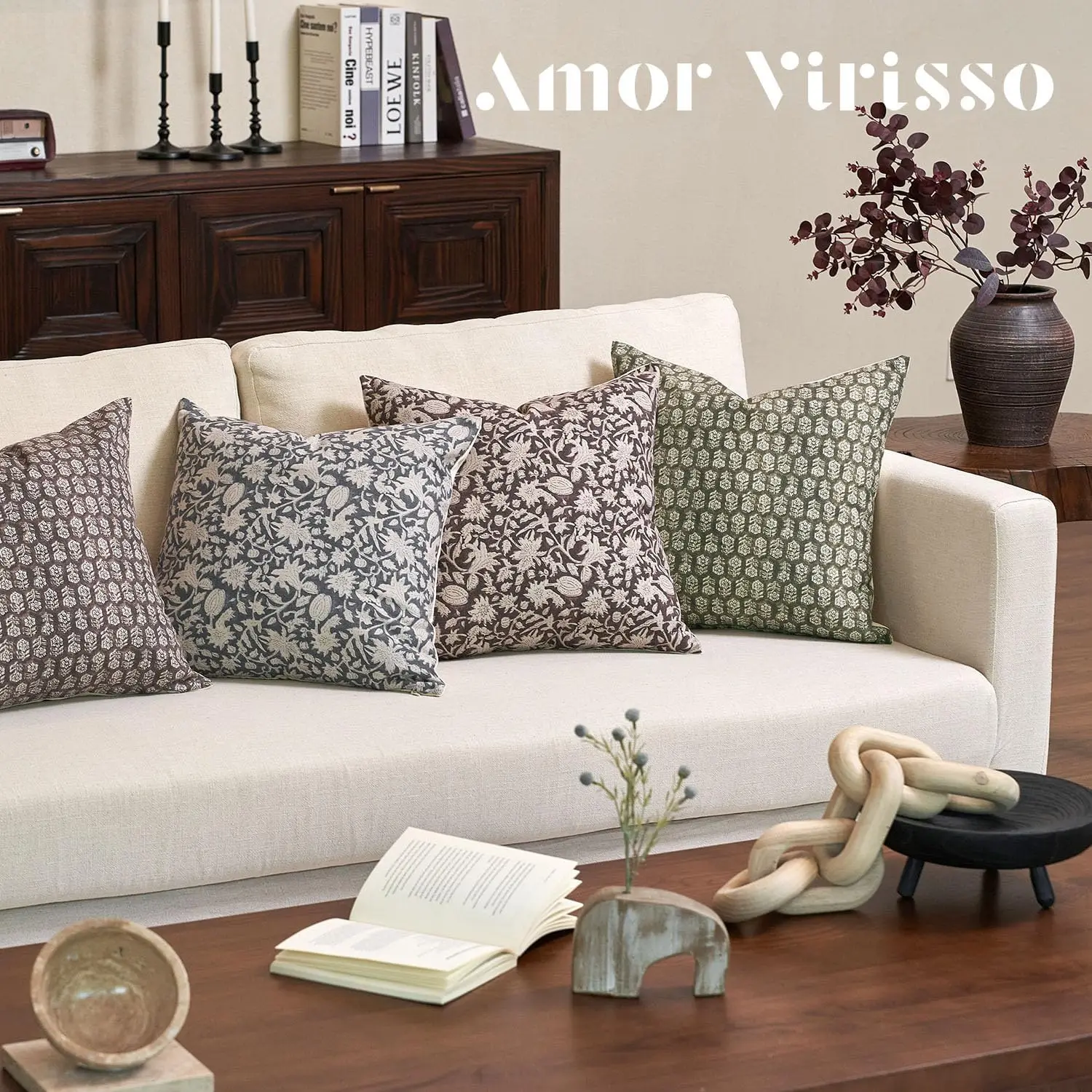 Floral Block Print Double-Sided Pillow Case Farmhouse Neutral Decorative Cushion Cover Print Home Decor for Couch Bed Sofa
