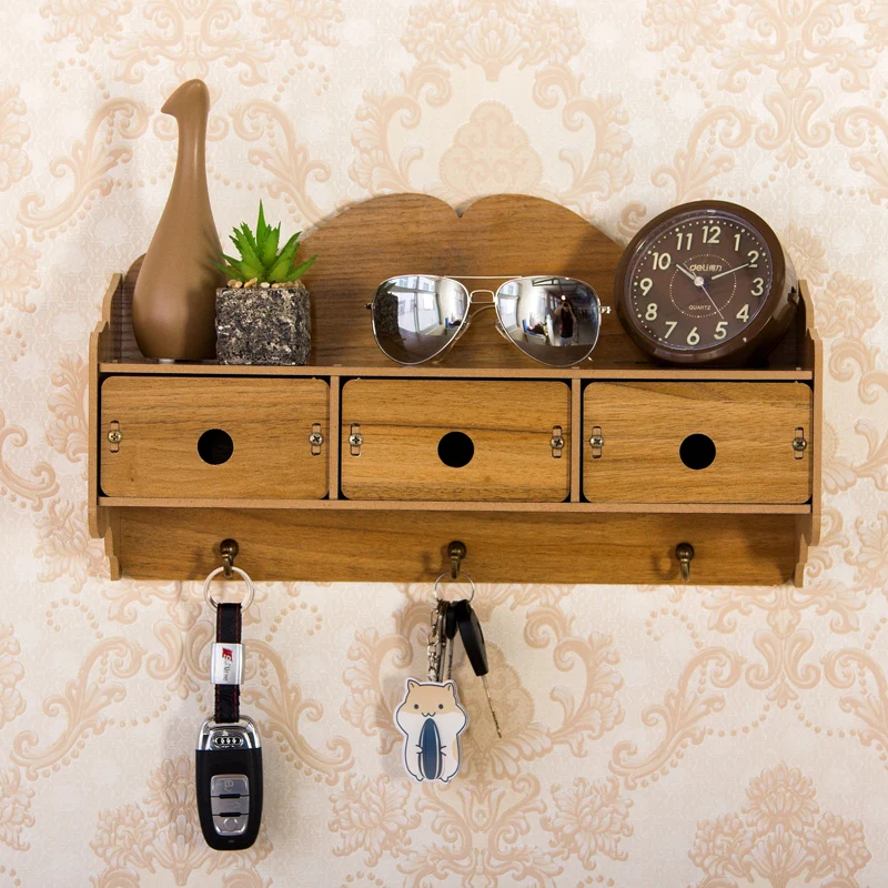 

Entryway Key Holder Wall Organizer Retro Wall Mounted Shelf with Drawers Design Decorative Storage Rack for Hallway Living Room