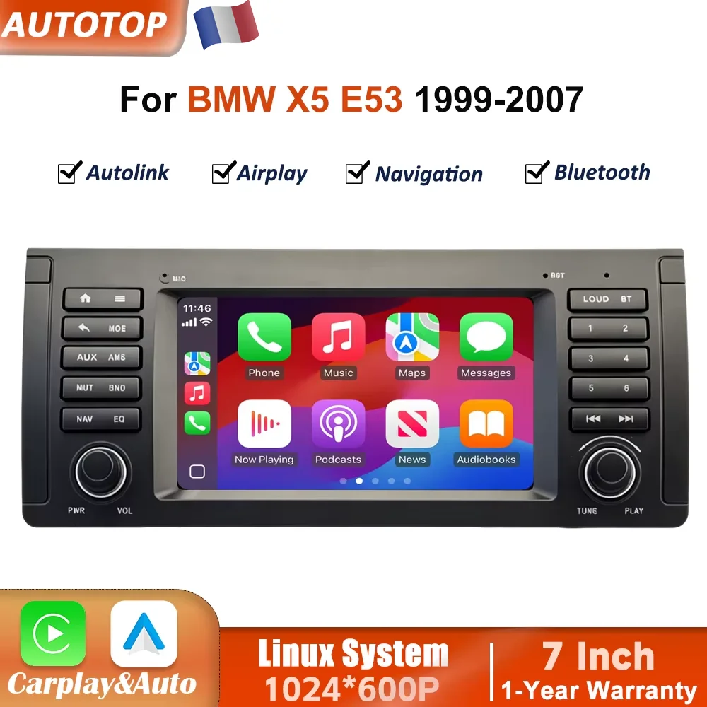 Bezprzewodowe radio samochodowe z CarPlay i Android Auto, 7-calowy ekran dotykowy z systemem Linux do BMW X5 E53 1999-2007, z funkcjami Airplay, Autolink, Mirror Link, WiFi, Bluetooth, nawigacją GPS i