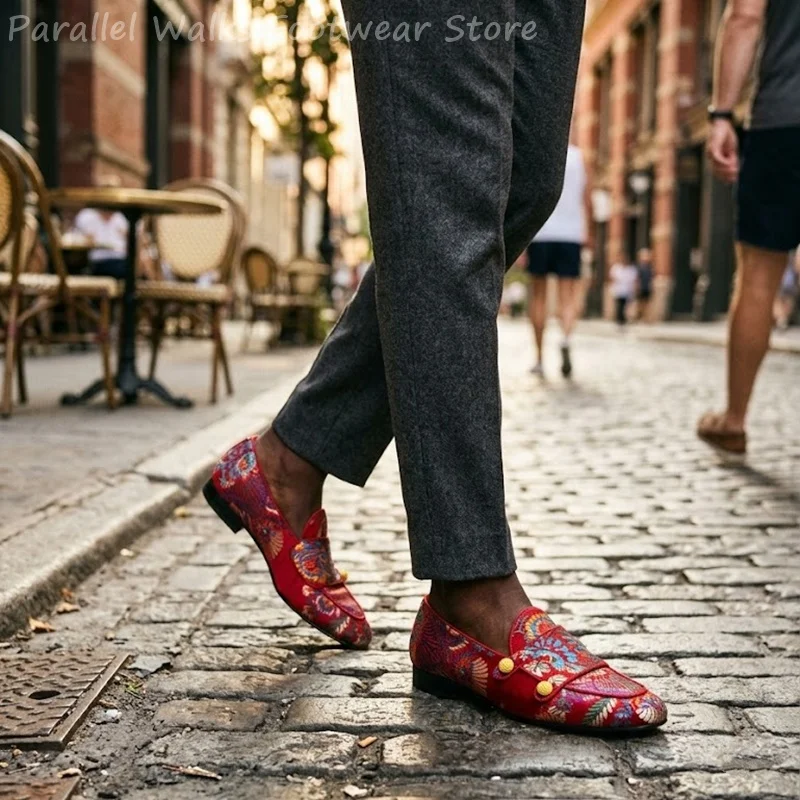 Men Loafers Red Silk Satin Embroidered Jacquard Flower Elegant Slip On Wedding Party Dress Shoes Vintage Premium Flat Shoes Men
