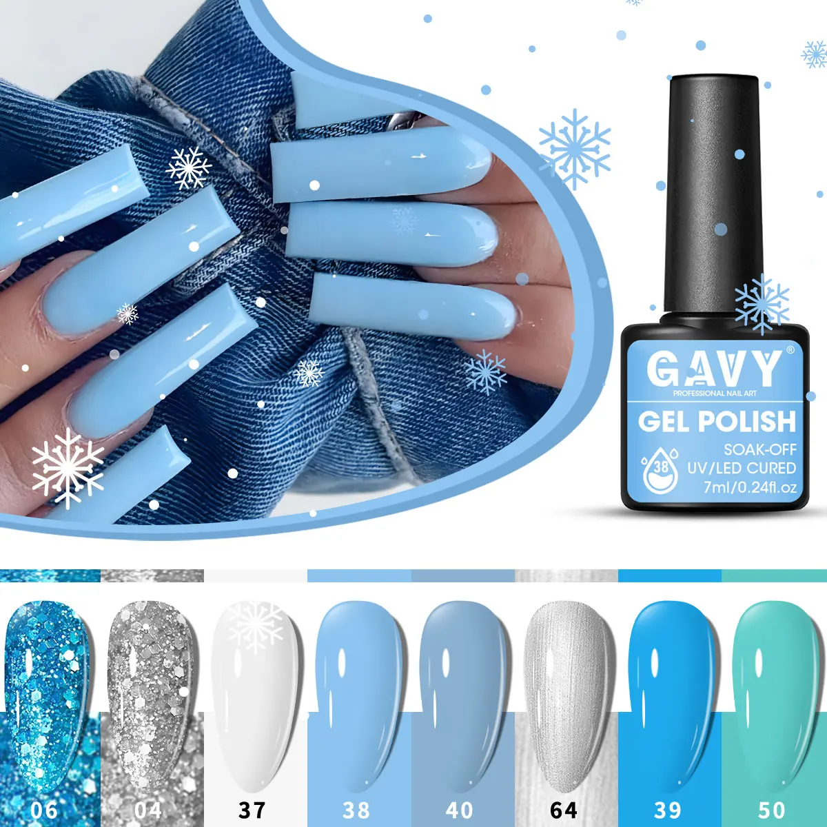 GAVY 8PCS Nail Gel Set, in blue color, UV/LED curing, perfect for nail salon on fingertips, ideal gift for festivals