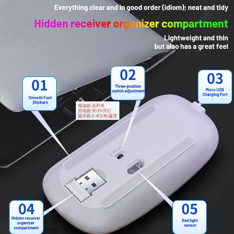 LED Wireless Mouse With 2.4GHz USB RGB 1600DPI  Rechargeable Silent Mouses For Computer Laptop Tablet PC Macbook Free Shipping