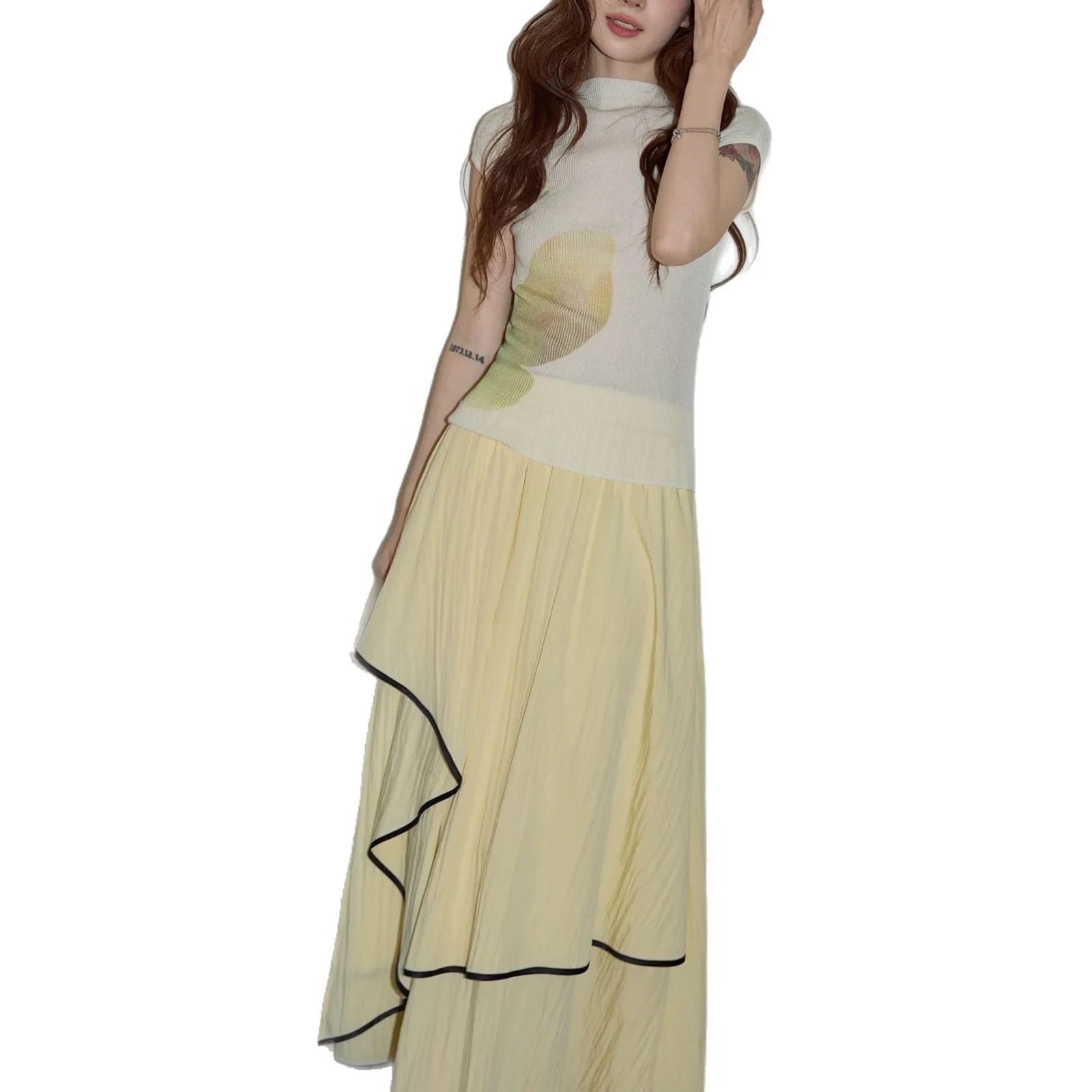 

Yellow Asymmetrical A-Line Midi Skirt Summer Design Sensation Beach Vacation Travel Casual Korean Style Skirt