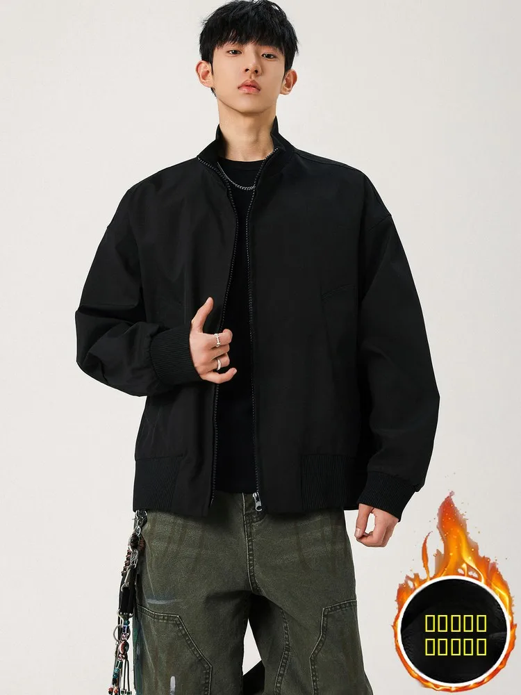 

Retro Japanese Cotton Work Jaet Men's Loose Thiened Stand Collar Autumn Winter Casual Outerwear Polyester Fiber Durable