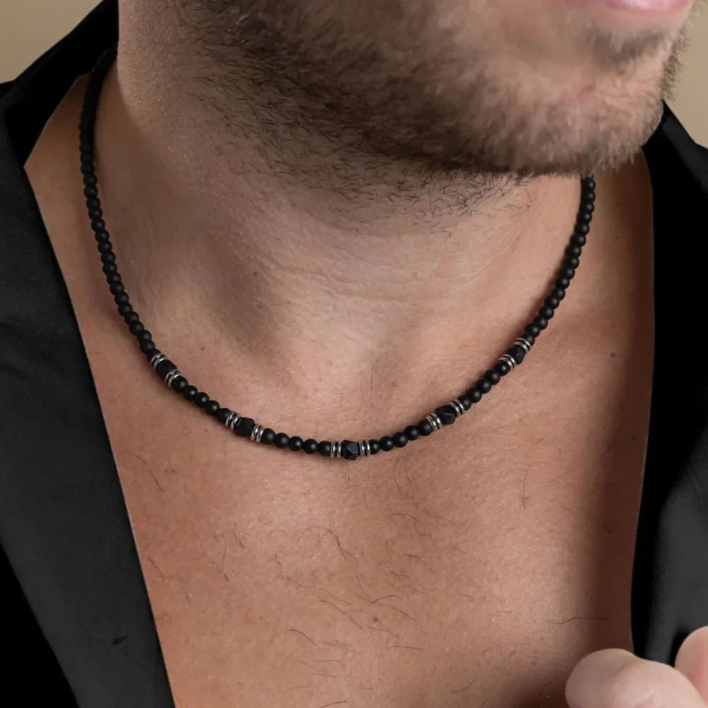 Hip Hop Men'S Matte Black Stone Bead Choker Unisex Jewelry Decoration Adjustable Industrial Vintage Necklace Vikingos Accesorios