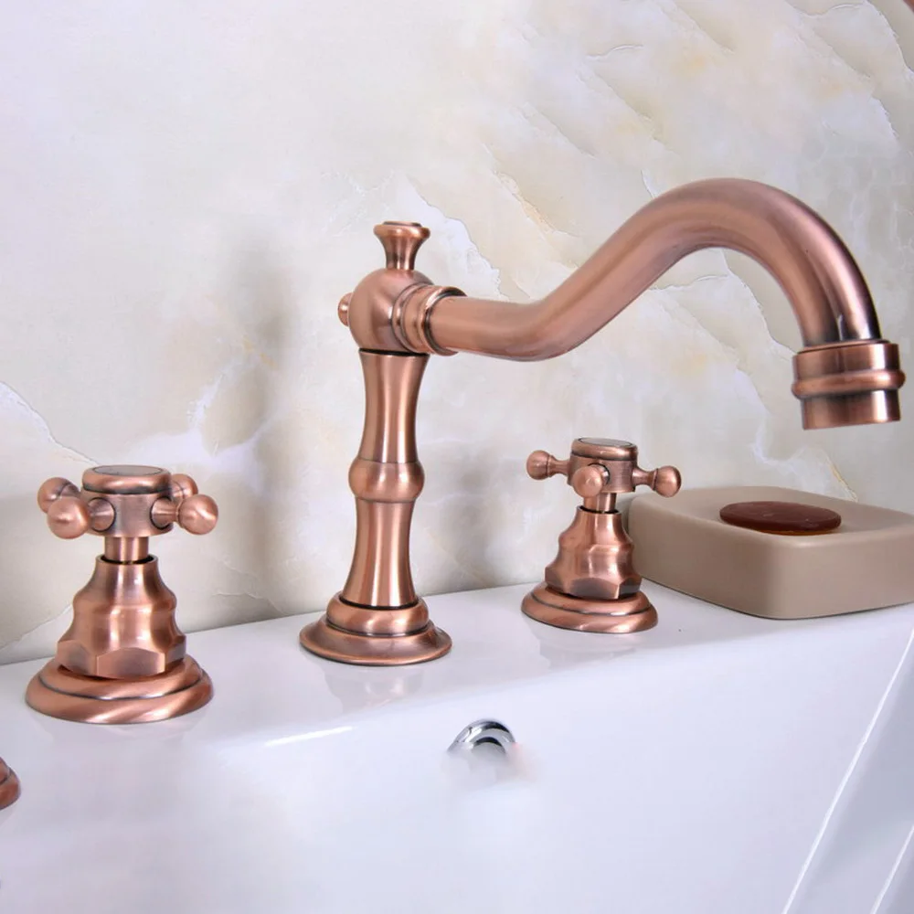 Red Copper Bathroom Basin Mixer Tap Double Handles Sink Faucet 3 pcs Set Bathroom Faucet Deck Mounted 3 Hole Nrg059
