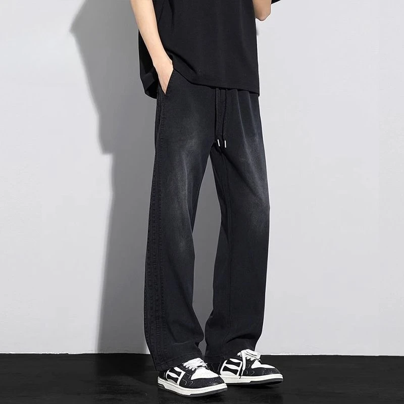 Men's Denim Pants Summer Thin Stretch Jeans Loose Straight Wide Leg Casual Baggy Trousers Teen Streetwear