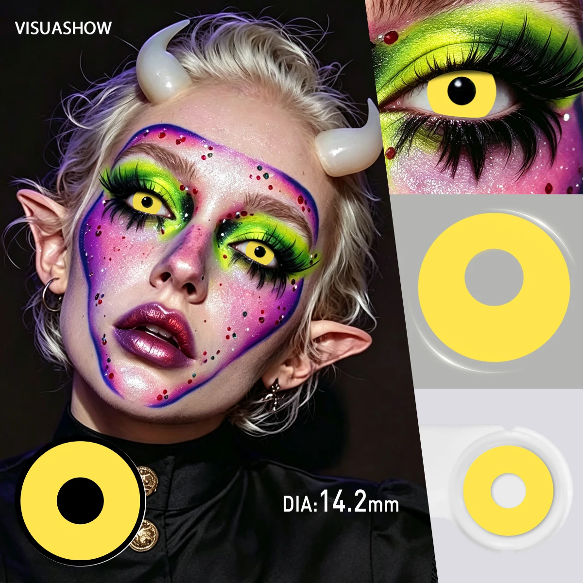 VISUASHOW Gelbe Crazy Cos Kontaktlinsen 14,2mm Rote Halloween-Dämonen-Anime-Farbkontaktlinsen 1 Paar Halbjährlich Augen-Make-up