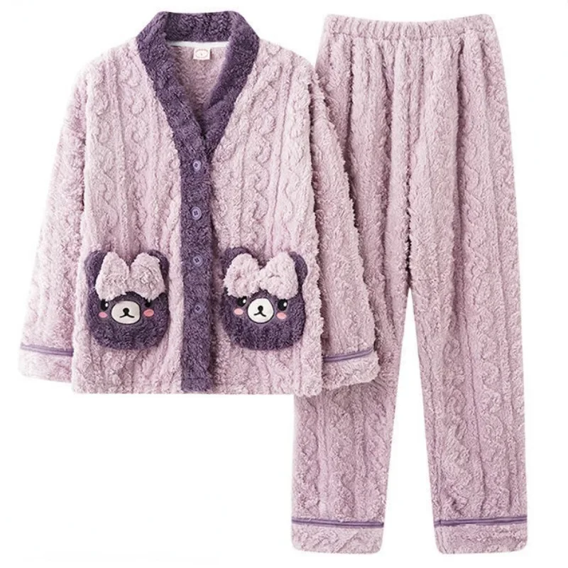 2023 nuovo pigiama in velluto corallo per donna autunno inverno peluche addensato Loungewear studente carino Cardigan flanella Warm Homewear