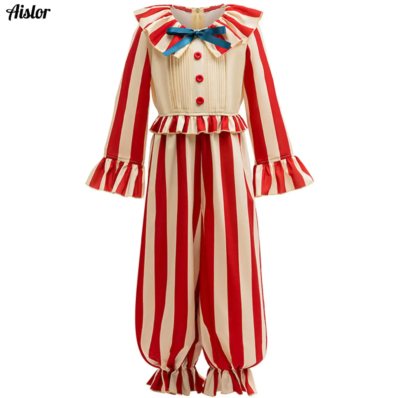 

Girls Boys Clown Role Play Costumes Jumpsuit Strips Color Contrast Turn-Down Ruffled Collar Bow Tie Long Flare Sleeve Rompers