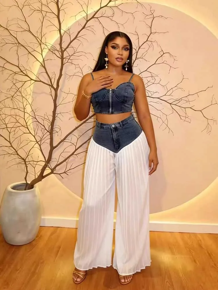 

Summer 2 Piece Set for Woman Denim Thin Strap Vest and Pants Streetwear Chiffon Pleated Sexy Outfits Wholesale Dropshipping
