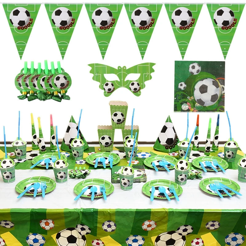 Soccer Football Theme Kids Party Birthday Party Decoration Set Cup, Plate & Straw Bunting Loot Bag Tablecloth Party