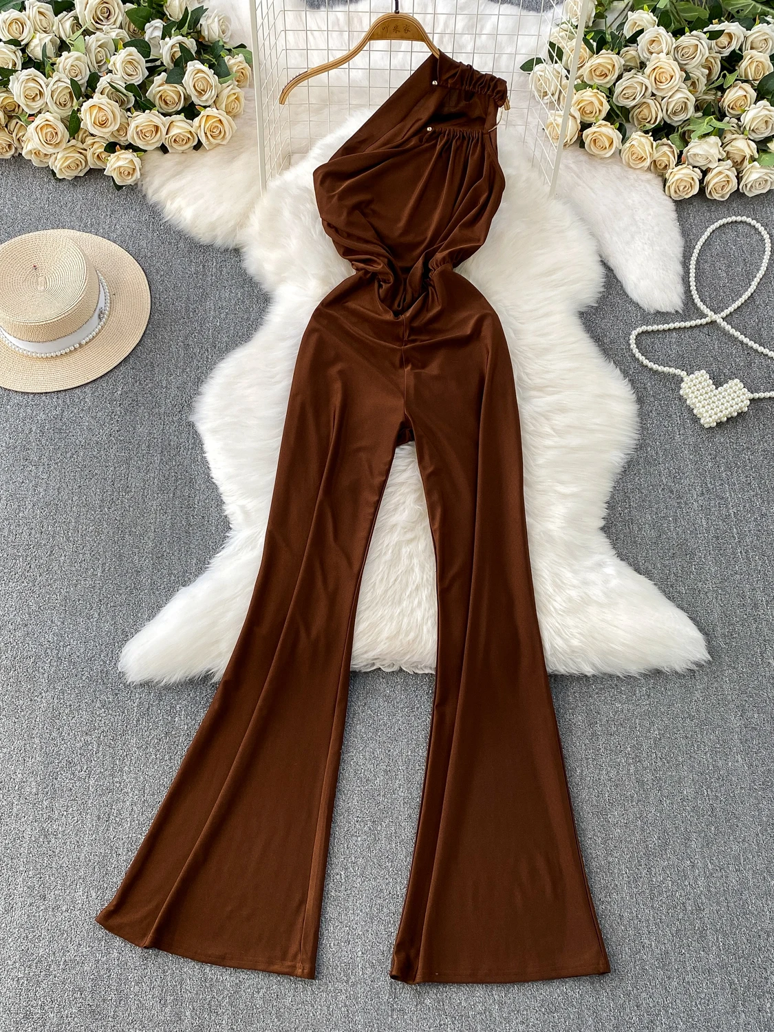 

Sexy Hollow out Metal Bule Women's Suit Pants Autumn Winter Slimming Flared Pants High Waist Side Ne Design Commute Sle