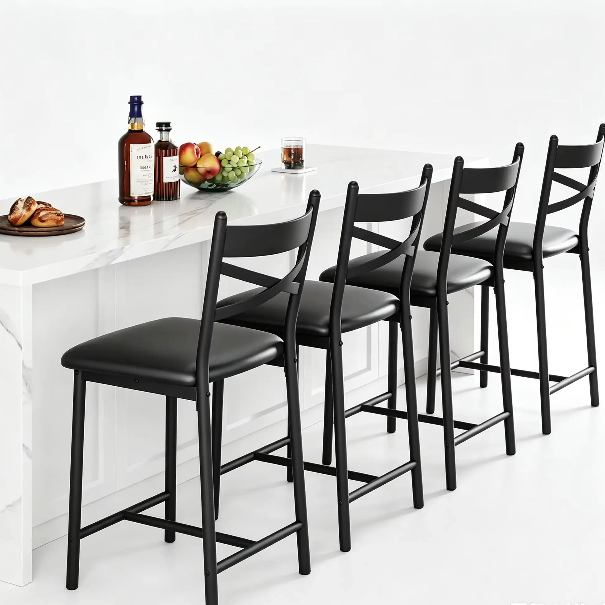 Juego de 4 Taburetes de Bar de 26 Pulgadas, Sillas de Bar Altas con Respaldo y Cojín Grueso, Sillas de Comedor Tapizadas con Asiento Acolchado, Taburetes para Isla de Cocina, Bar, Comedor, Negro Moderno