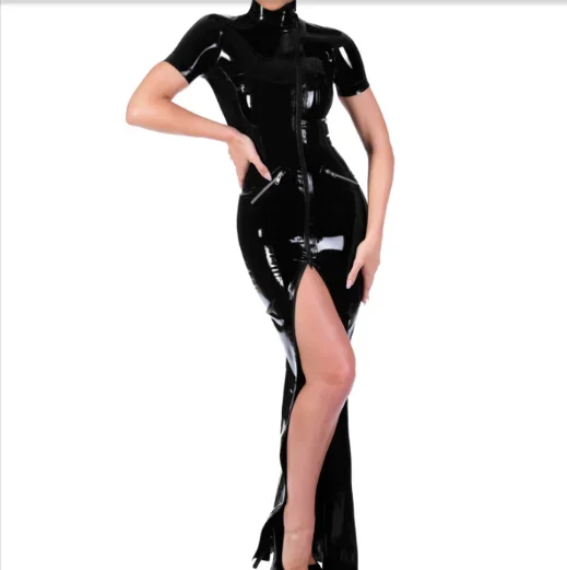 

Latex Rubber Cosplay Sexy Dress Schwarz Lang Zipper Bodycon Kleid 0.4mm S-XXL