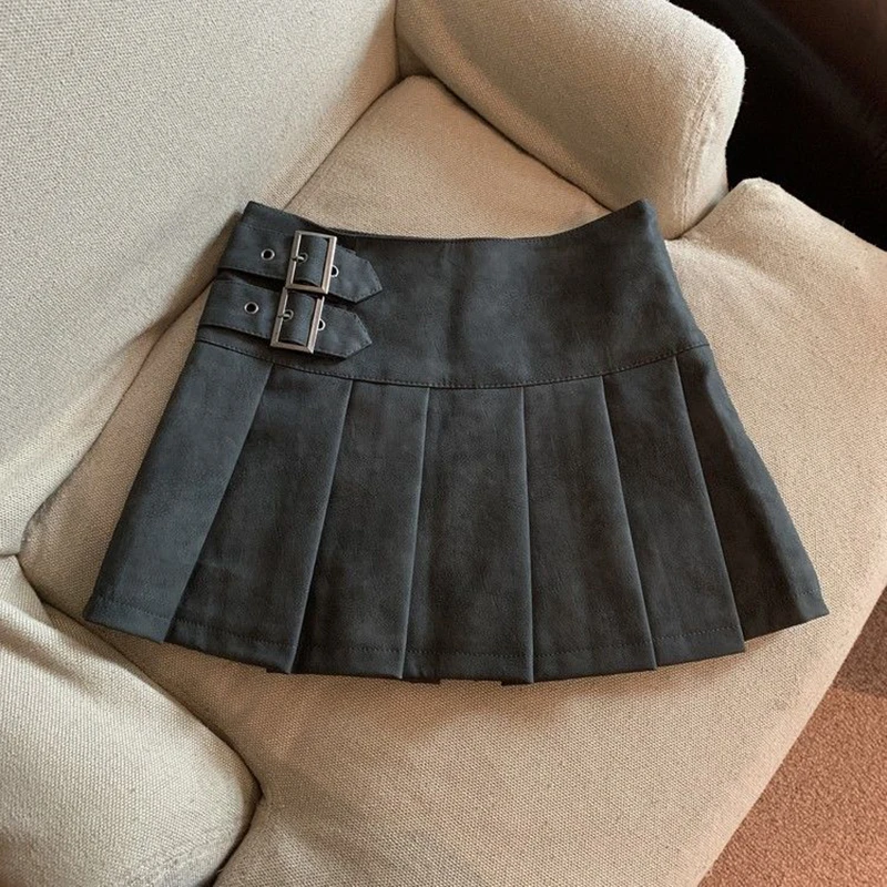 S-3XL Y2K Pu Leather Mini Skirts Women Streetwear High Waist Pleated Skirt Vintage Korean Black Slim Casual A Line Skirts