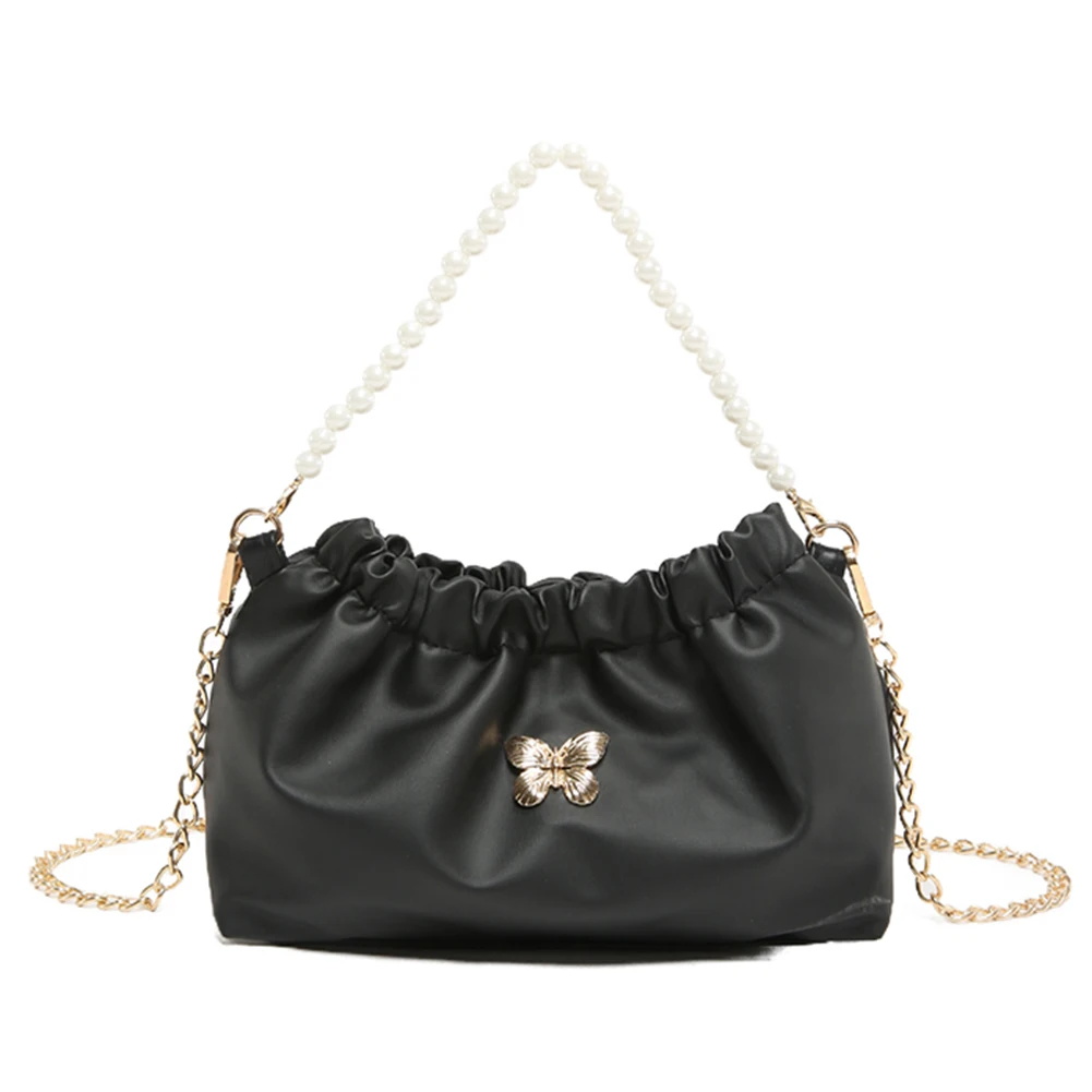 

Women PU Butterfly Handbag Simple Crossbody Bag Pearl & Chain Strap Chic Hobo Bag Large Capacity Solid Color for Party Vacation