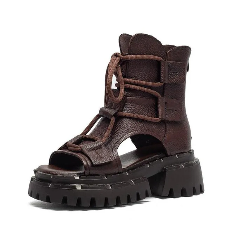 Women Gladiator Sandals Summer High Heel Platform Peep Toe Sandals Ladies Genuine Leather Back Zipper Hollow Cool Boots