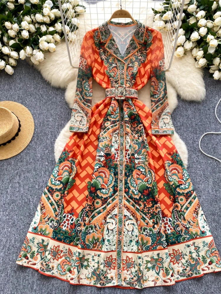 Autumn Maxi Dresses for Women Bohemian Chic Print Robe Femme Turn Down Collar Belt Temperament Dress 2024 Vestidos De Mujer WJ