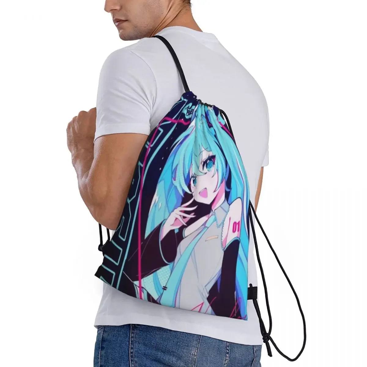 Miku Drawstring bag Storage Portable Handbags Grocery Shopping Shoulder bags foldable Travel Bag