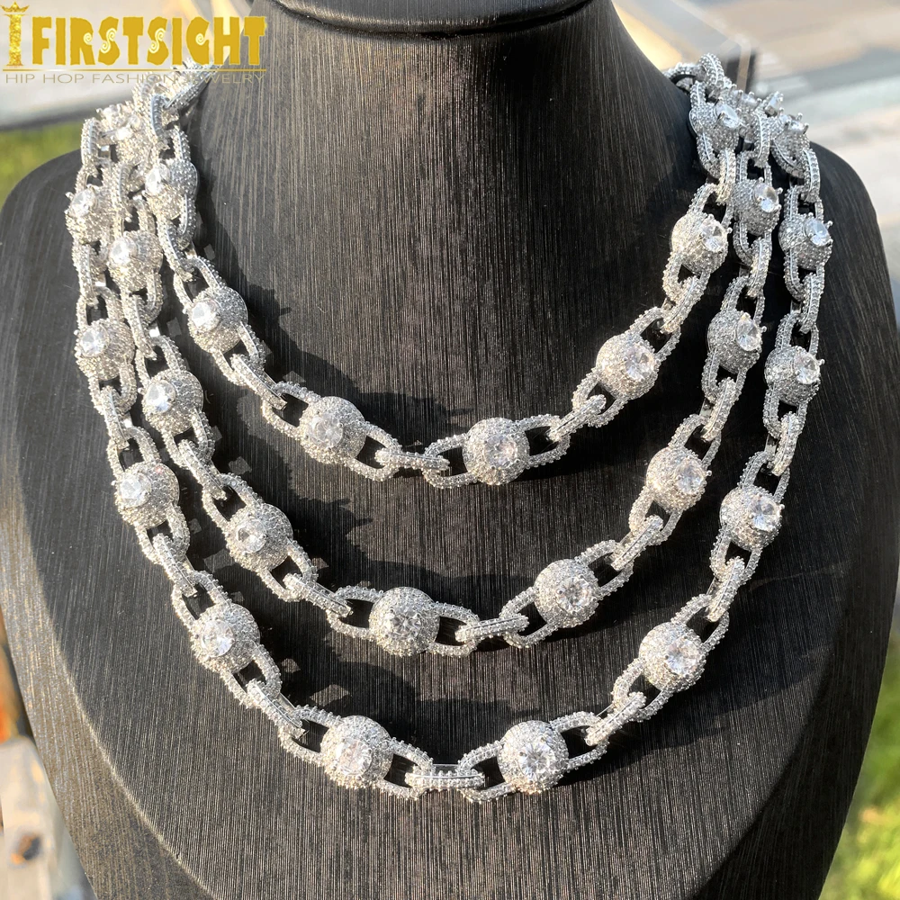 

Iced Out Round Eye With Bead Locked Link Chain Necklace Micro Paved Cubic Zirconia Cuban Chain Men Women Hip Hop Jewelry