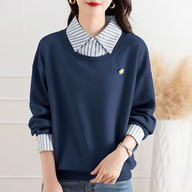 Autumn Striped Printed Long Sleeved Korean Sweatshirt Women's New Fashion Casual Casual Two-piece Top