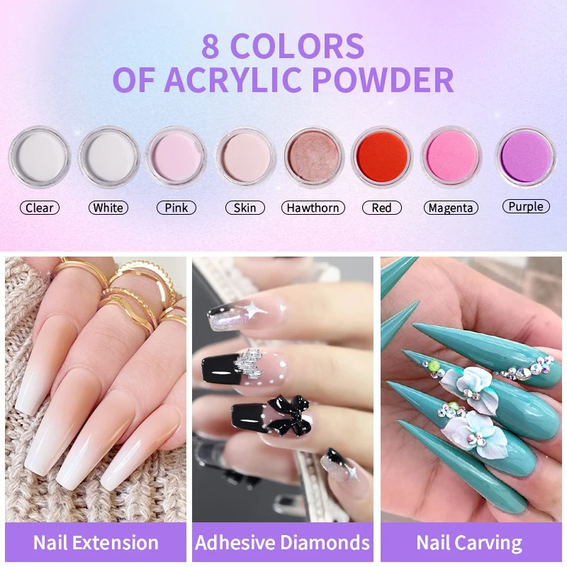 Acrylic Manicure Kit All-in-One Manicure Extension Set 10g/8pcs Acrylic Powder and Liquid Set with Acrylic Nail Brush Set