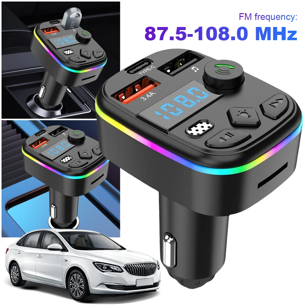 Cargador de teléfono móvil Dual USB tipo C, cargador de coche Compatible con Bluetooth, compatible con tarjeta TF, disco U, transmisor FM para coche, adaptador de reproductor MP3