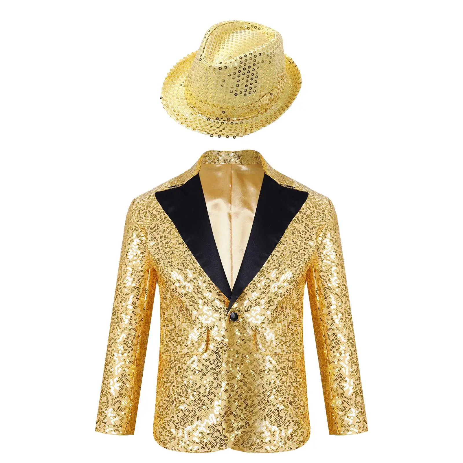 Kids Boys Magic Jazz Performance Jacket Shiny Sequins Tuxedo Suit Jacket Coat with Fedora Hat for Banquet Party Festival Uniform