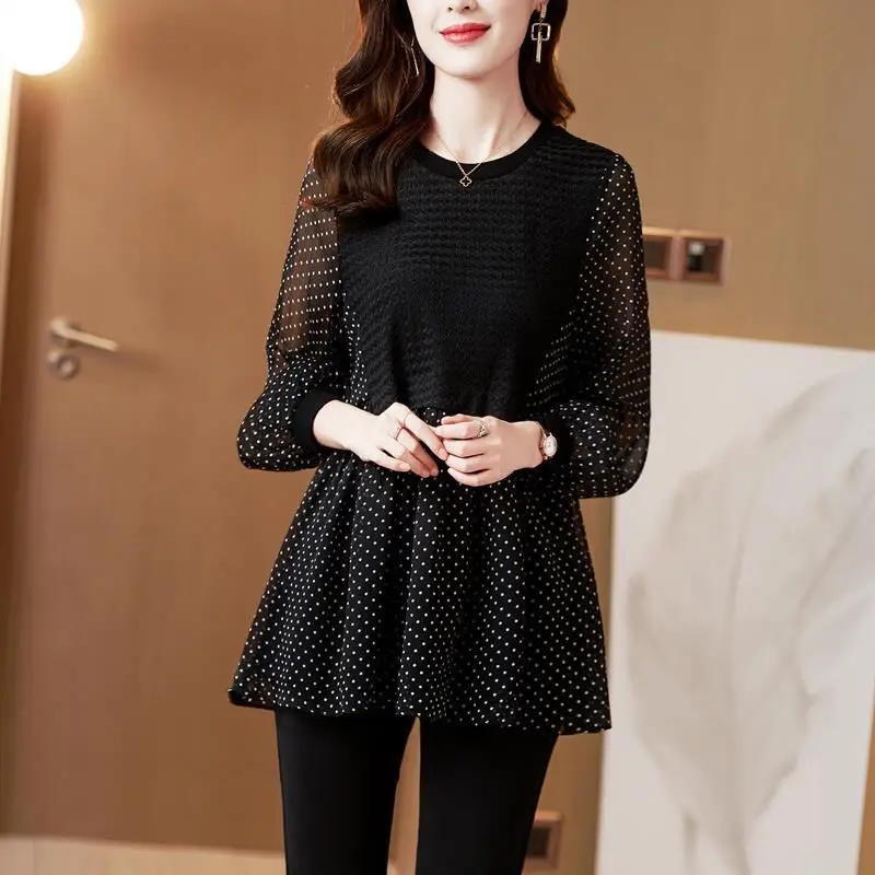 Elegant Fashion Polka Dot Lace Chiffon Shirt Summer Autumn 2023 New V-Neck Long Princess Sleeve Loose Long Blouse Women Clothing