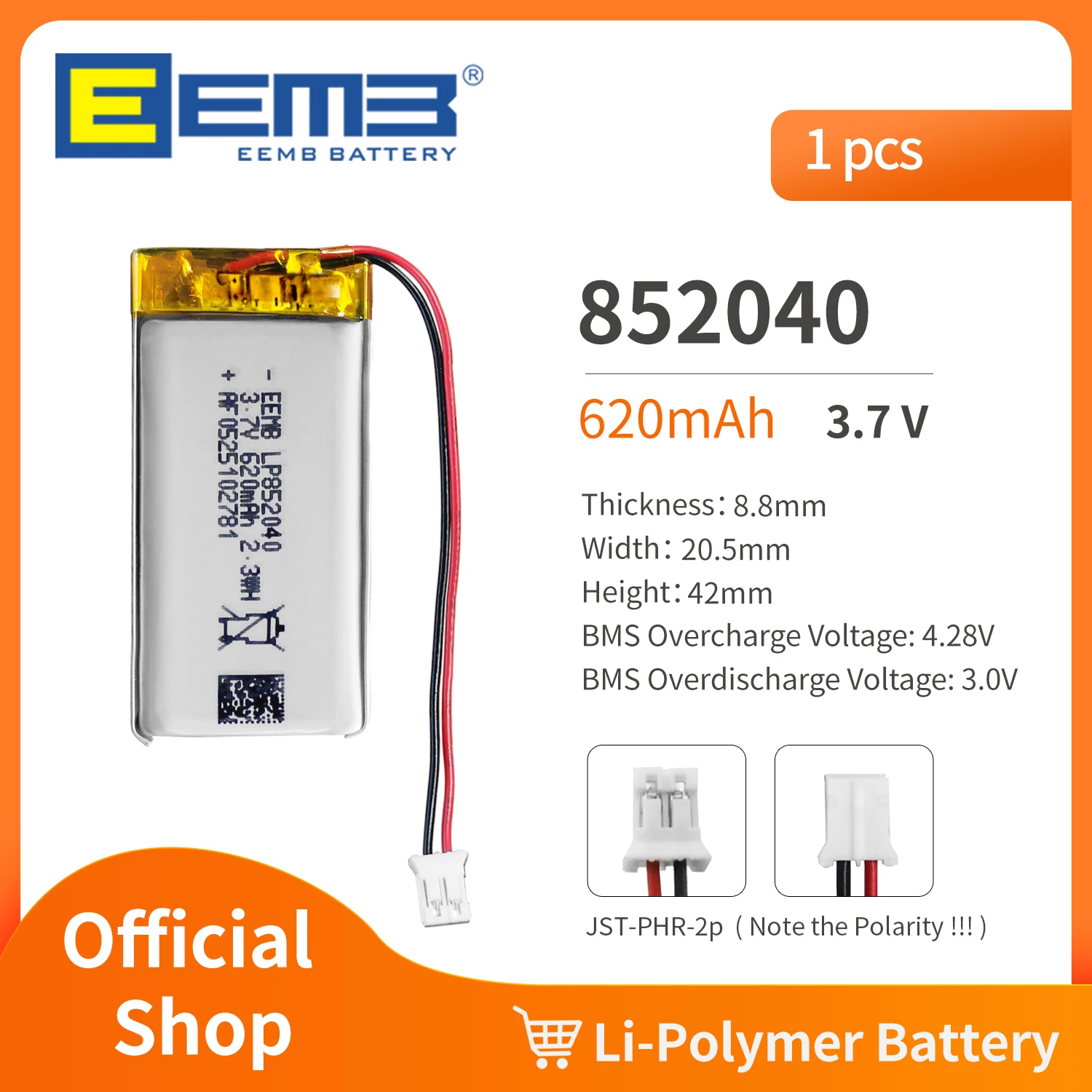 EEMB 852040 3.7V Battery 950mAh Rechargeable Lithium Polymer Battery Pack For Dashcam,Flashlight,Bluetooth Speaker, GPS,Camera