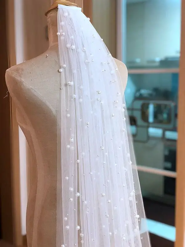 Hot Sale 1 Tier 3M With Comb Cathedral Royal Pearl Wedding Veil  Bridal Veil With Pearl Ivory Veu de Noi  EE705