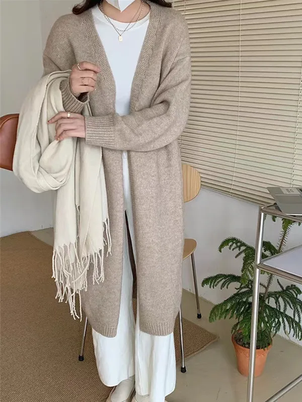 

Женский длинный вязаный свитер, пальто Lazy Sle, светло-бежевый, свободная верхняя одежда, кардиган, осень-зима, элитное ощущение длиной до колена