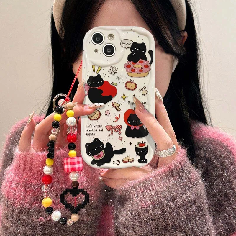 Black Cat Case With Chain For Samsung Galaxy S25 S26 Ultra S24 S23 Plus S22 S21 S20 FE Soft Y2K Silicone Cover