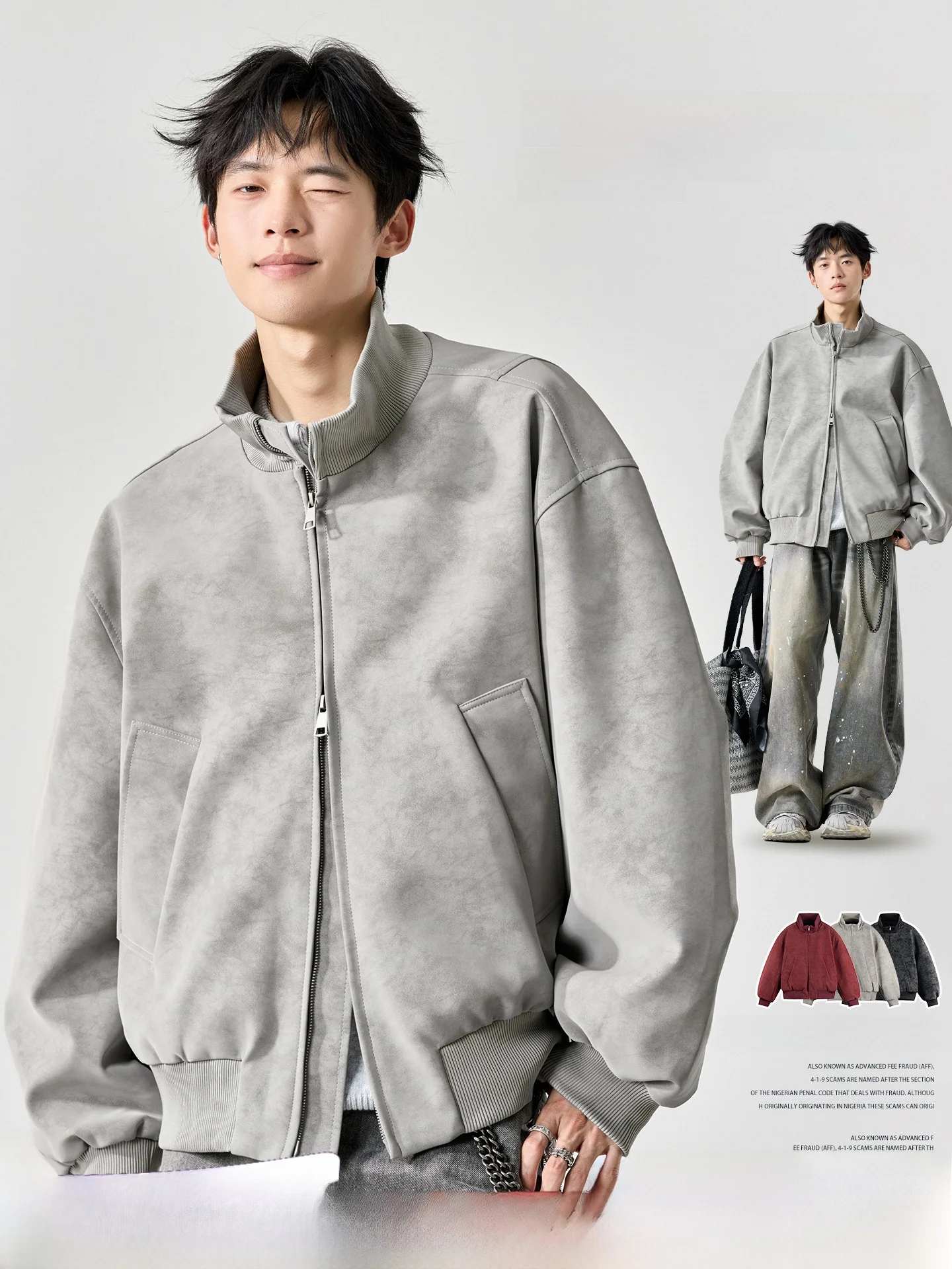 

Men's American Cleanfit Tie Dye ort PU Leather Loose Fit Stand Collar Motorcycle Jaet Casual Workwear Outerwear