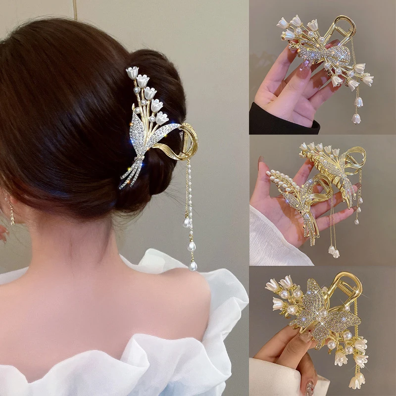 

Rhinestone Pearl Tassel Hair Claws Flower Hair Clip Hairpin For Women Elegant Ponytail Fashion Hair Accessories