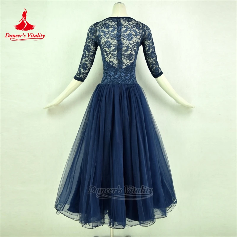 Granatowe sukienki do tańca towarzyskiego dla dorosłych, szyte na miarę, damskie i dziecięce, strój na konkurs walca i foxtrotu, energia tancerki.