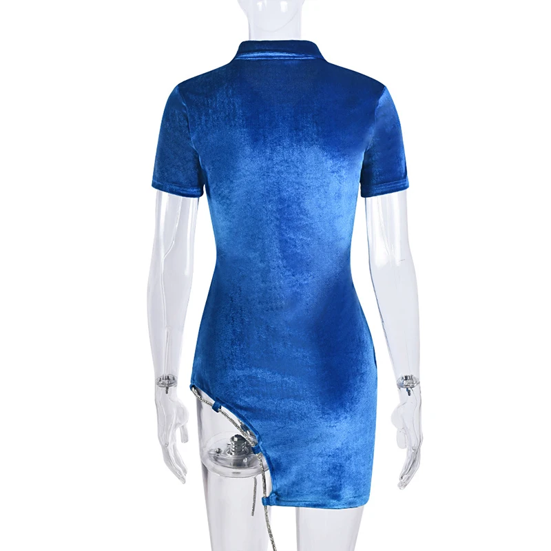 OMSJ-vestido de veludo com pescoço polo feminino, vestido de fenda alta, peito único, ajuste fino, cintura alta, vestido curto, sexy e elegante, azul, moda clube