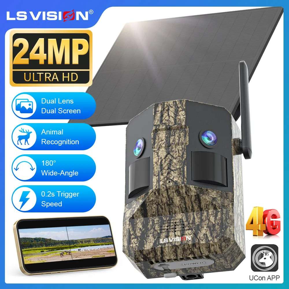LS VISION 180° Ultra Wide View Angle 4G Solar Trail Camera 24MP Dual Lens 940nm IR Light AI Animal Recognition Wildlife Cameras