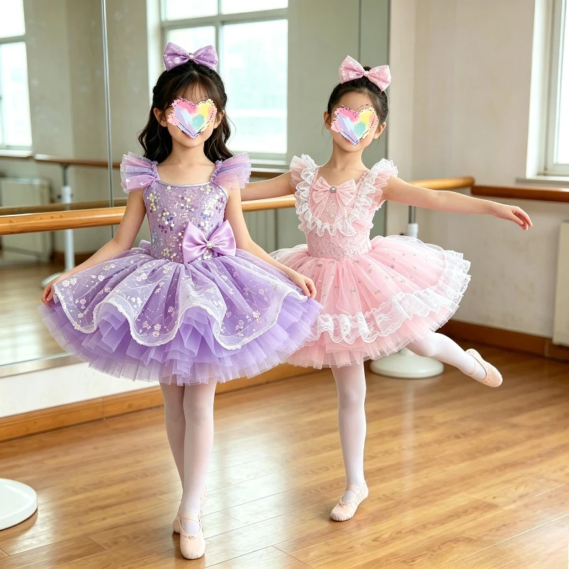 キッズパープルスパンコールバレエチュチュドレス女の子用スパークルフラワーダンスコスチュームリボン付き子供の日用ダンスウェア用バレエドレス