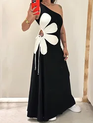 2025 Summer Fashion Women Flower Dresses Printed Waist Hollow Out Long Dress Female Sleeveless Back Zipper Vest Vacation Vestido