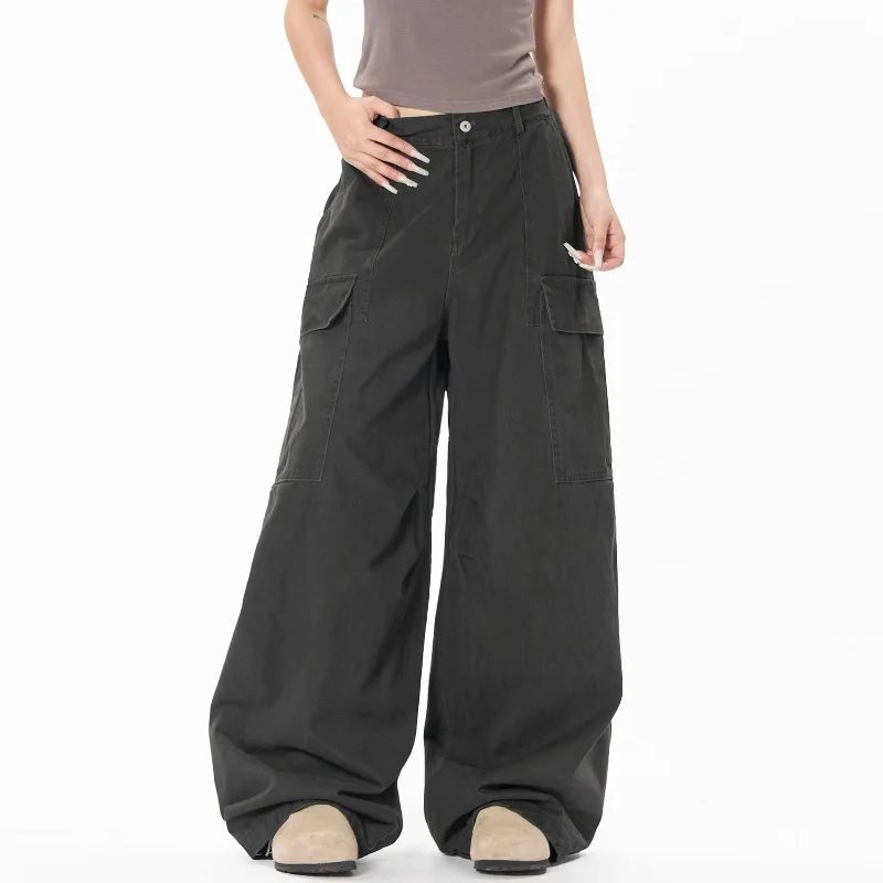 OR FL American Baggy 100 Cotton Women Cargo Trousers Multiple Pockets Staraight Mop the Floor Slacks Women's Wide Leg Pants Y2k
