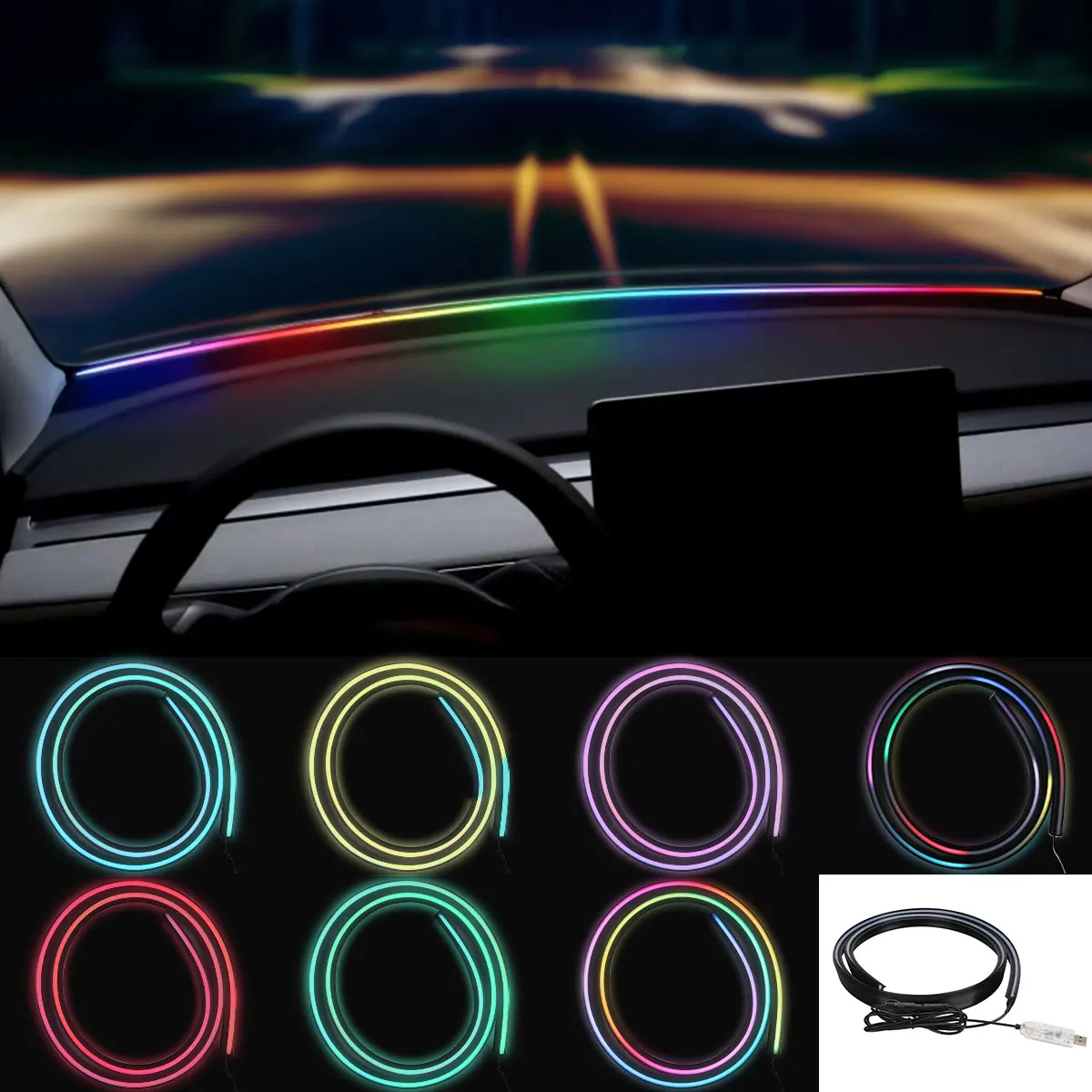 

140/150CM Car Symphony Hidden Instrument Panel Atmosphere Lamp Interior Front Soundproofing Strip USB Head APP Remote Control