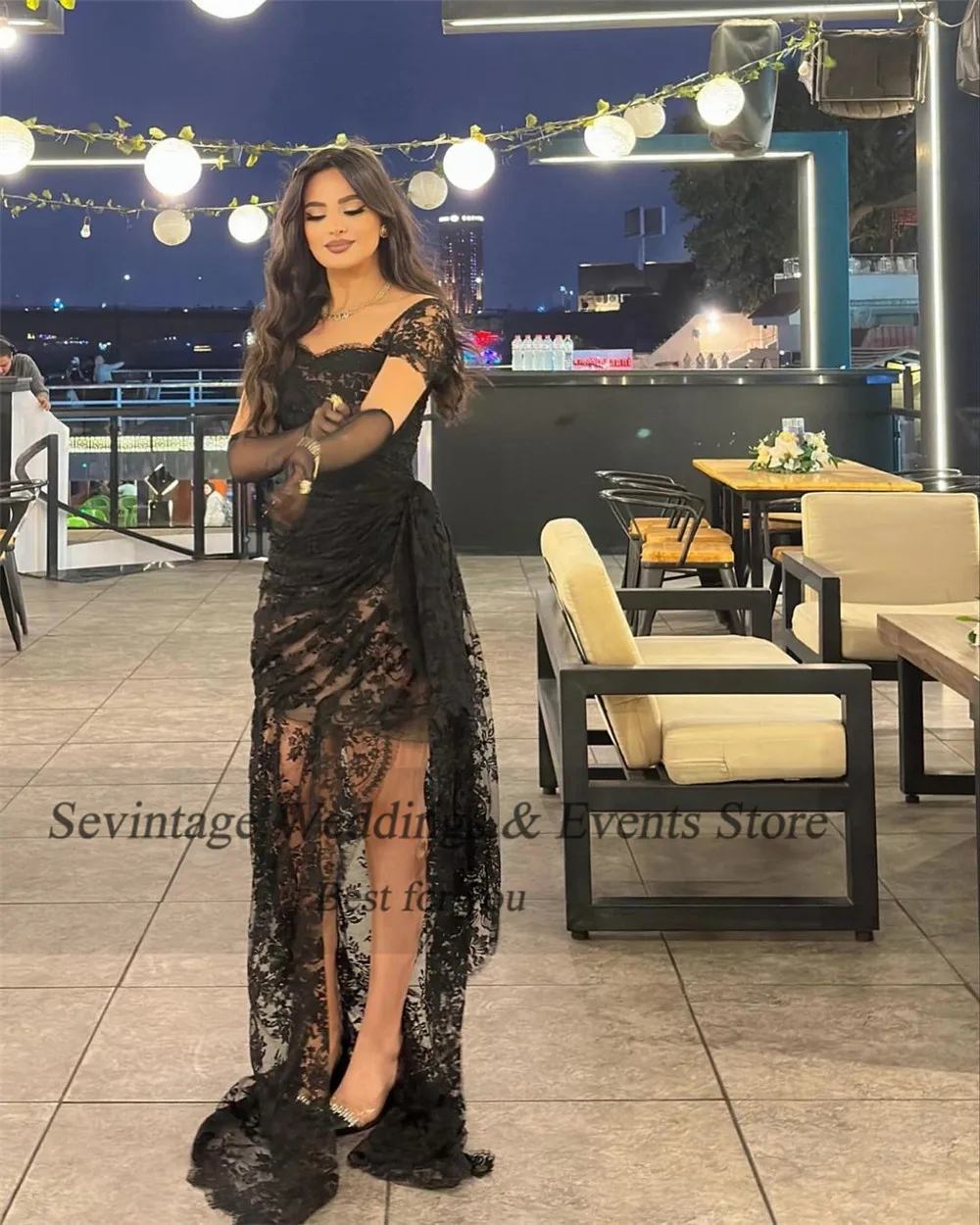 Sevintage Black Lace Mermaid Prom Dress Square Collar Pleated Side Slit Formal Evening Dress Floor Length Party Gown Customized